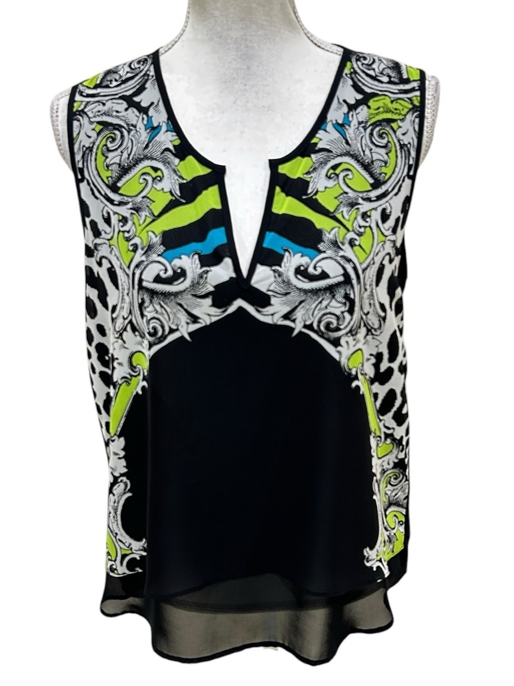 Kenneth Cole NY sleeveless V-Neck sheer flowy blouse - Black, Lime & Blue large